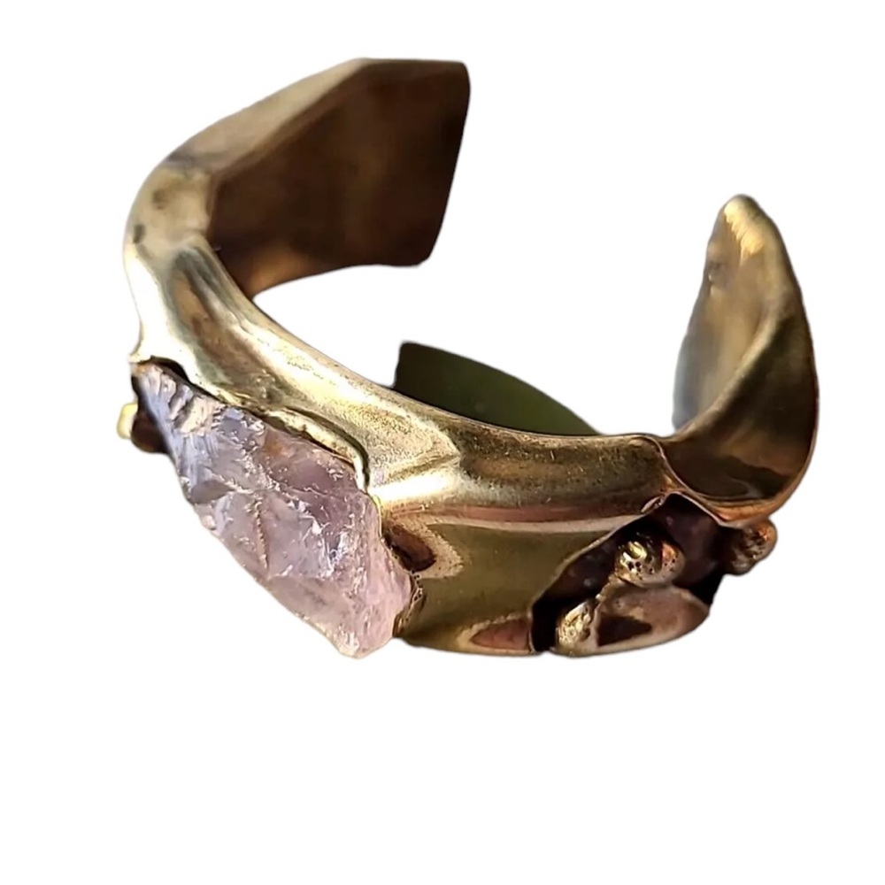 Vintage Solid Brass Amethyst Stone Cuff Bracelet - image 1